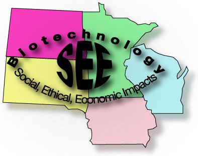 Logo showing the 5 states of WI, MN, IA, ND and SD and the words 'social, ethical, and economic impacts' and 'biotechnology' 